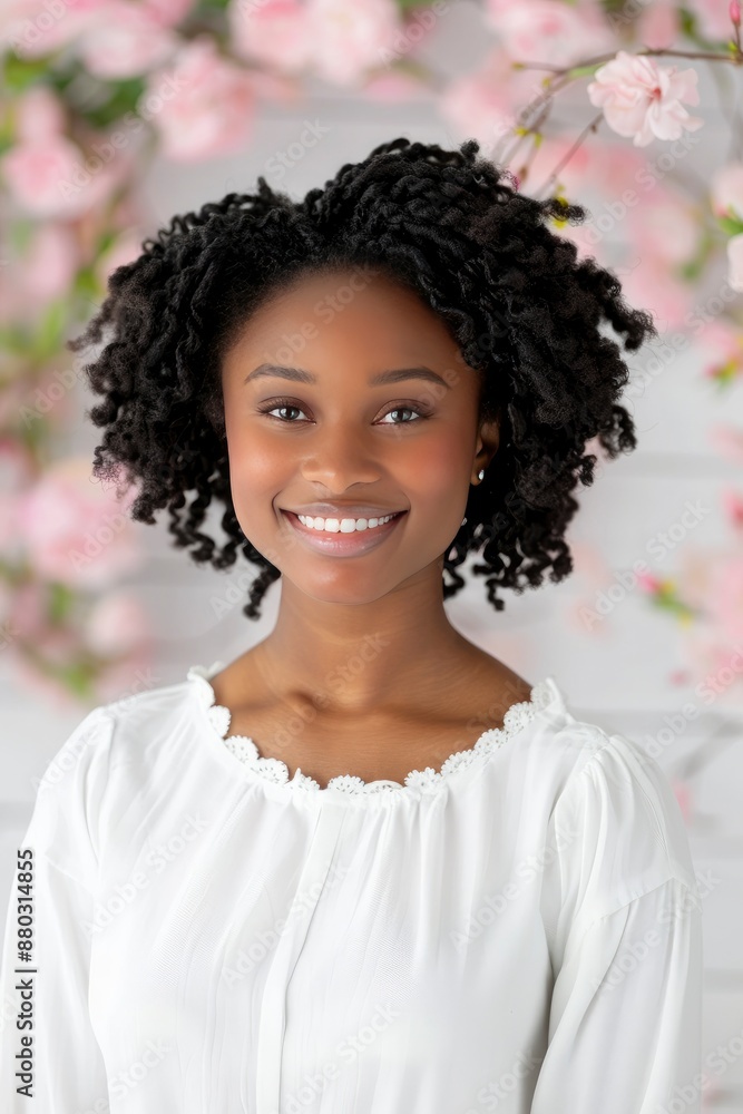 a beautiful black woman smiling against a spring background with blooming trees with pink flowers a beautiful black woman smiling against a spring background with blooming trees with pink flowers