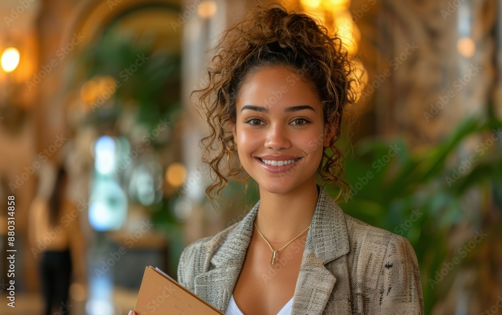 A woman with curly hair is smiling and holding a book. She is wearing a jacket and necklace A woman with curly hair is smiling and holding a book. She is wearing a jacket and necklace