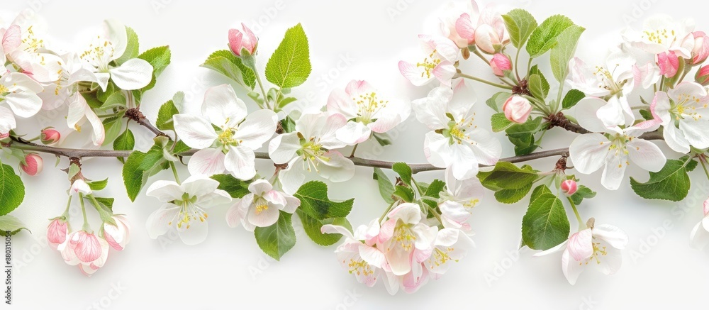 A white and pink apple flower branch blooms against a white background, providing copy space image. A white and pink apple flower branch blooms against a white background, providing copy space image.