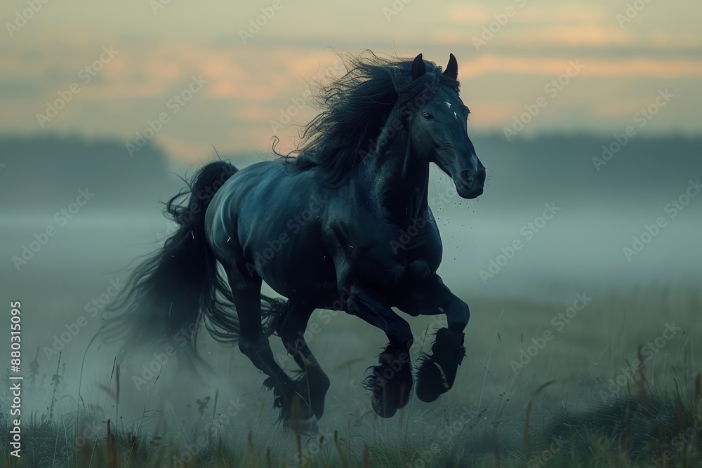 Majestic Black Stallion Galloping on Foggy Moor at Sunrise. Majestic Black Stallion Galloping on Foggy Moor at Sunrise.