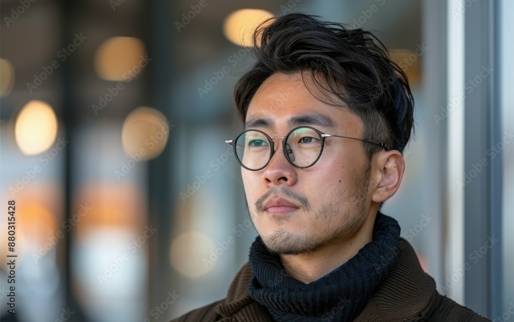 A man with glasses and a beard is standing in front of a window. He looks serious and focused A man with glasses and a beard is standing in front of a window. He looks serious and focused