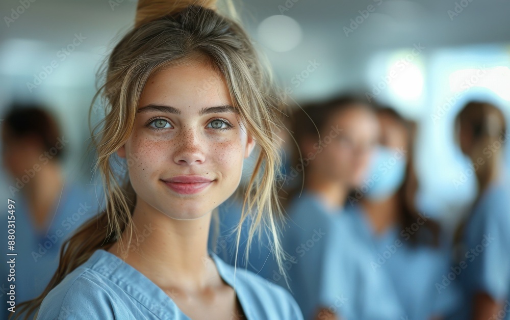 A woman with a blue shirt and blue hair is smiling. She is surrounded by other people, some of whom are wearing masks A woman with a blue shirt and blue hair is smiling. She is surrounded by other people, some of whom are wearing masks