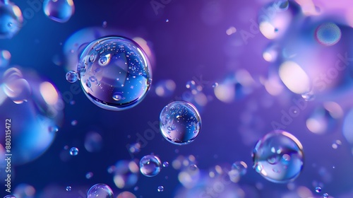 Wallpaper Mural Blue bubbles on purple background, closeup view of floating spheres in liquid, glossy and transparent abstract shapes, 3D rendering with blurred edges for texture. Torontodigital.ca