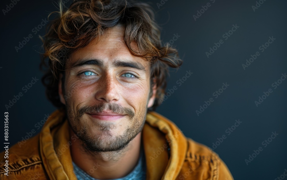 A man with a beard and blue eyes is smiling and wearing a brown jacket. Concept of warmth and friendliness A man with a beard and blue eyes is smiling and wearing a brown jacket. Concept of warmth and friendliness