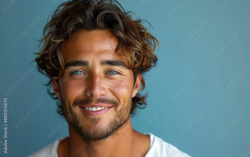 A man with a beard and blue eyes is smiling. He is wearing a white shirt. Concept of happiness and positivity A man with a beard and blue eyes is smiling. He is wearing a white shirt. Concept of happiness and positivity