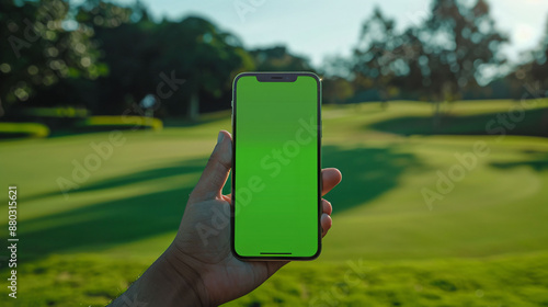 Smartphone mockup with green screen at golf course. 