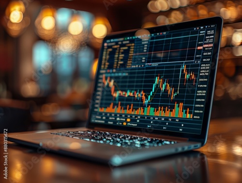 A financial advisor reviews detailed investment portfolios on a sleek laptop in a professional office photo