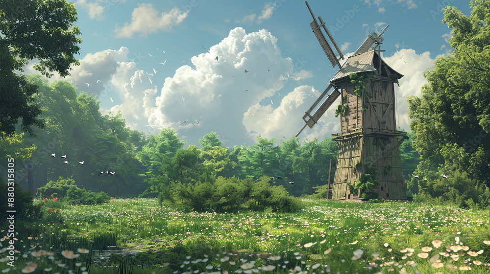 An ancient windmill stands tall in a verdant meadow, its wooden structure weathered by time. An ancient windmill stands tall in a verdant meadow, its wooden structure weathered by time.