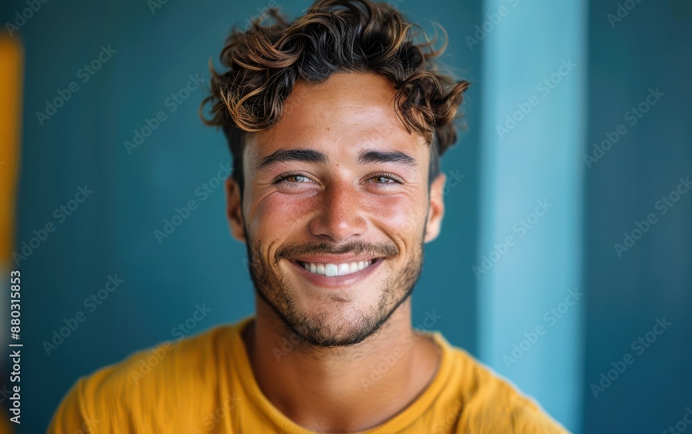 A man with a mustache and a smile is wearing a yellow shirt. He is looking at the camera and he is happy A man with a mustache and a smile is wearing a yellow shirt. He is looking at the camera and he is happy