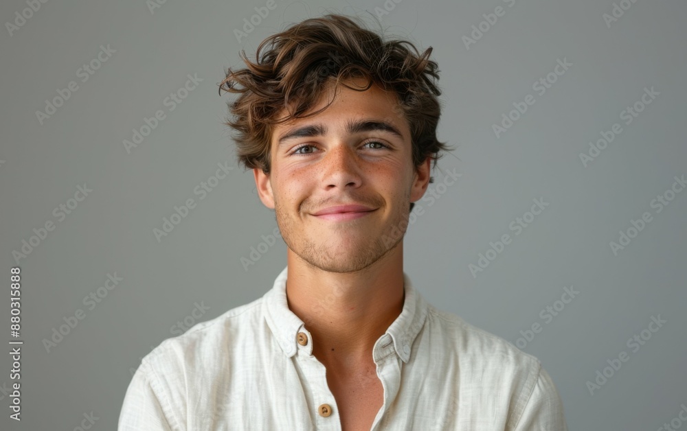 A young man with a beard and brown hair is smiling and wearing a white shirt. He is posing for a picture A young man with a beard and brown hair is smiling and wearing a white shirt. He is posing for a picture