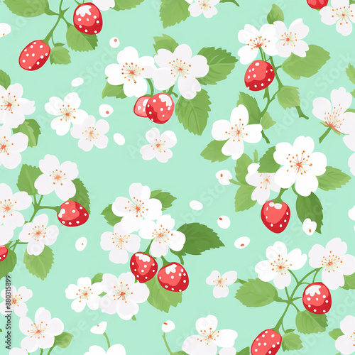 Seamless pattern with cherry blossoms and strawberries on a mint background