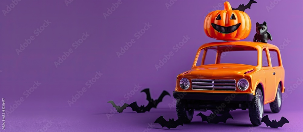 Fototapeta premium Halloween-themed toy car featuring a pumpkin atop it, with bats on a purple backdrop, suitable for adding text in the copy space image.