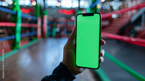 Wallpaper Mural person holding a smartphone mockup with green screen at the boxing stadium. Torontodigital.ca