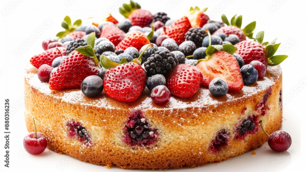A cake topped with assorted berries and blueberries on a white background A cake topped with assorted berries and blueberries on a white background