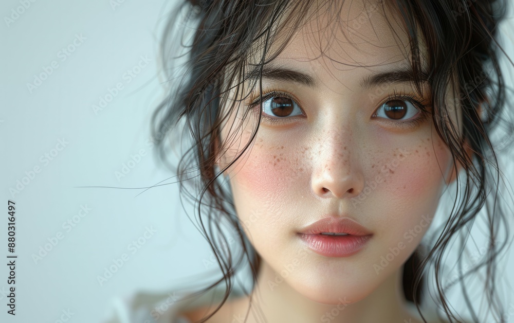 A woman with dark hair and a messy bun is looking at the camera. She has a red tint to her face and is wearing makeup A woman with dark hair and a messy bun is looking at the camera. She has a red tint to her face and is wearing makeup