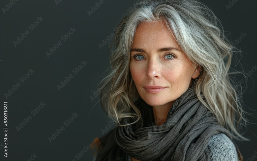 A woman with gray hair and blue eyes is wearing a scarf and smiling. She looks happy and confident A woman with gray hair and blue eyes is wearing a scarf and smiling. She looks happy and confident
