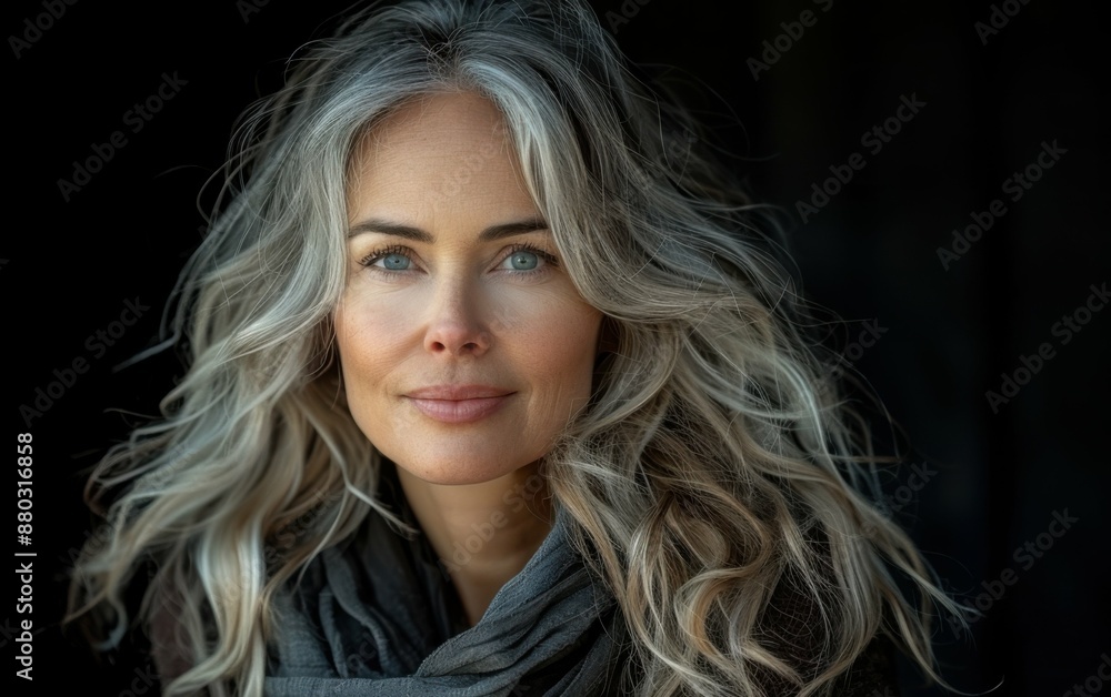 A woman with long hair and a scarf around her neck. She has a smile on her face A woman with long hair and a scarf around her neck. She has a smile on her face