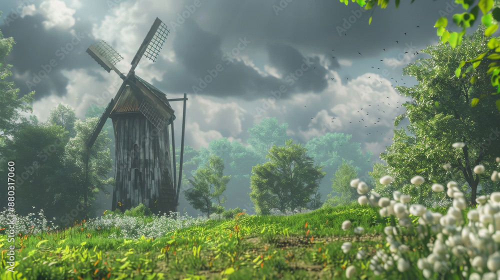 An ancient windmill stands tall in a verdant meadow, its wooden structure weathered by time. An ancient windmill stands tall in a verdant meadow, its wooden structure weathered by time.