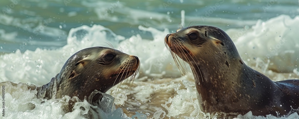 Fototapeta premium Playful sea lions frolicking in the surf, 4K hyperrealistic photo