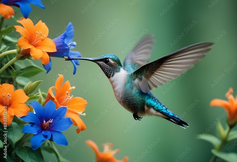 Fototapeta premium A beautiful, delicate, small bird flying near flowers on a light, pastel background