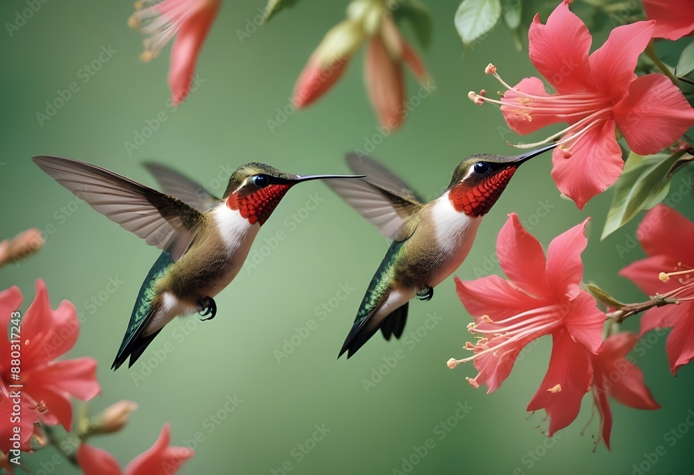 Naklejka premium A beautiful, delicate, small bird flying near flowers on a light, pastel background