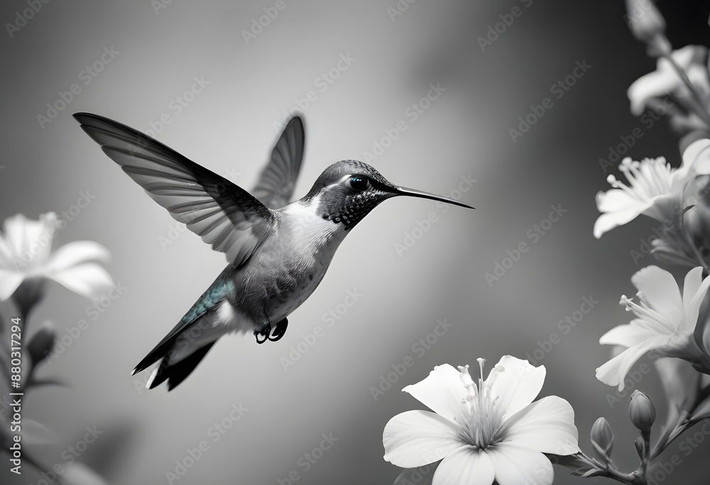Naklejka premium A beautiful, delicate, small bird flying near flowers on a light, pastel background
