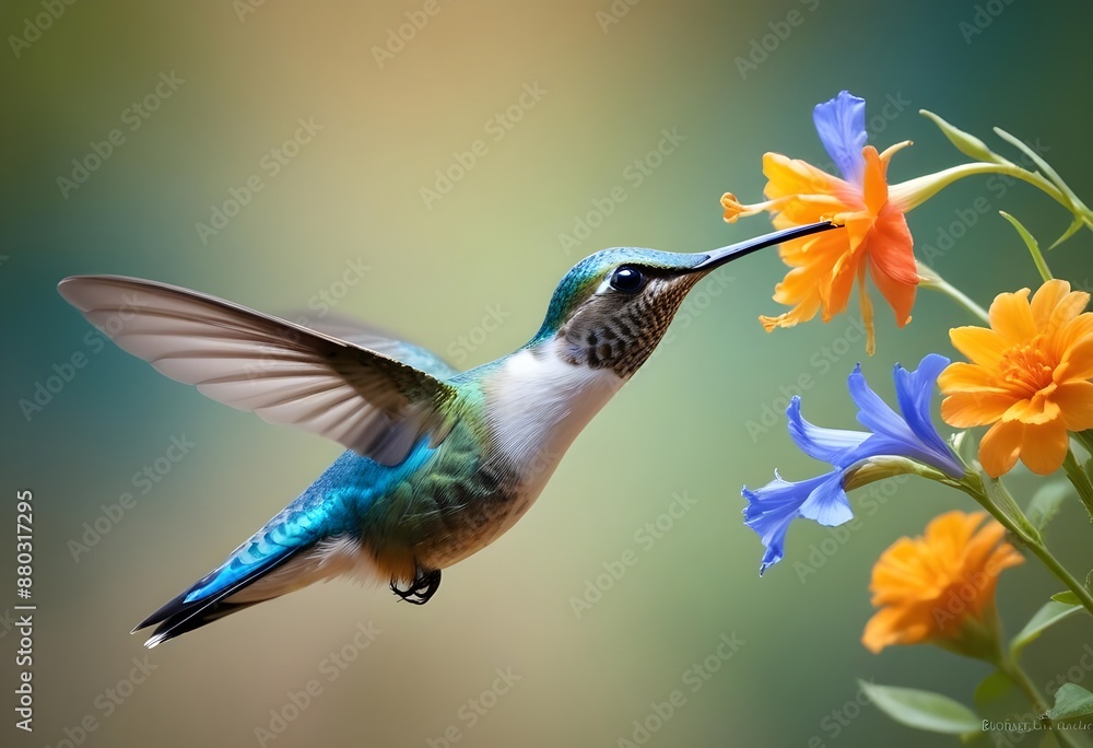 Fototapeta premium A beautiful, delicate, small bird flying near flowers on a light, pastel background