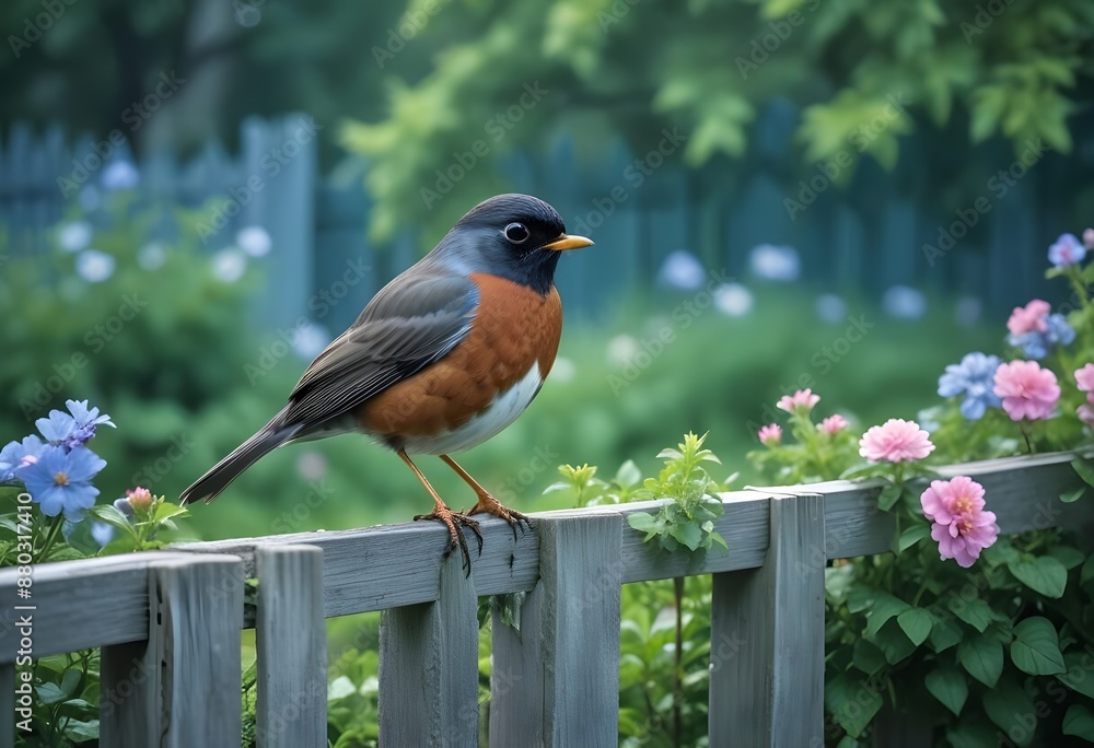 A beautiful little bird sitting on a fence against the background of a flowery garden. Macro shot of a bird A beautiful little bird sitting on a fence against the background of a flowery garden. Macro shot of a bird