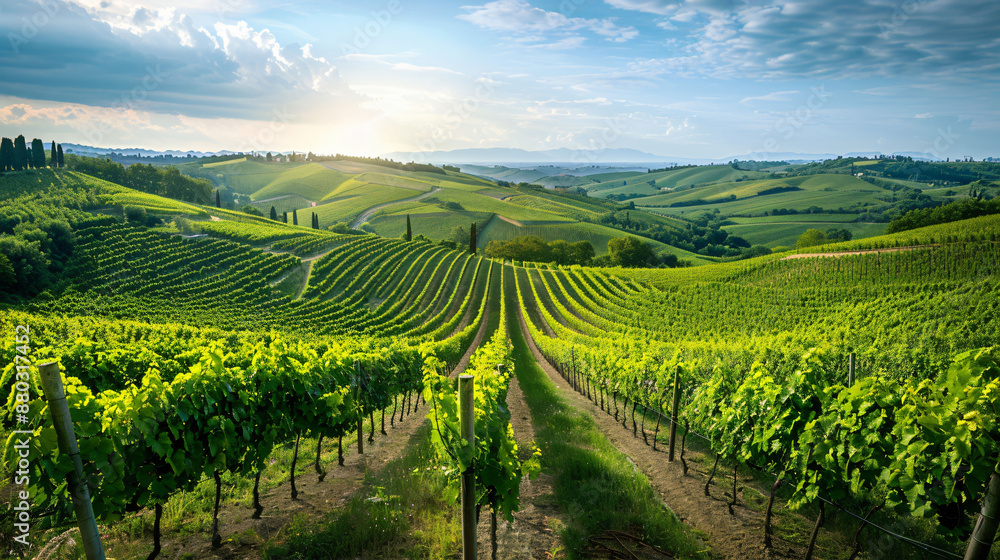 Green vineyard nestled in the countryside of Italy, with rolling hills, lush grapevines, and a clear blue sky. Green vineyard nestled in the countryside of Italy, with rolling hills, lush grapevines, and a clear blue sky.