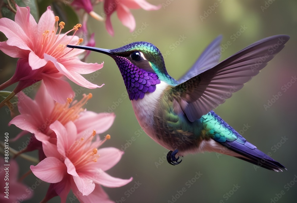 Fototapeta premium A beautiful, delicate, small bird flying near flowers on a light, pastel background