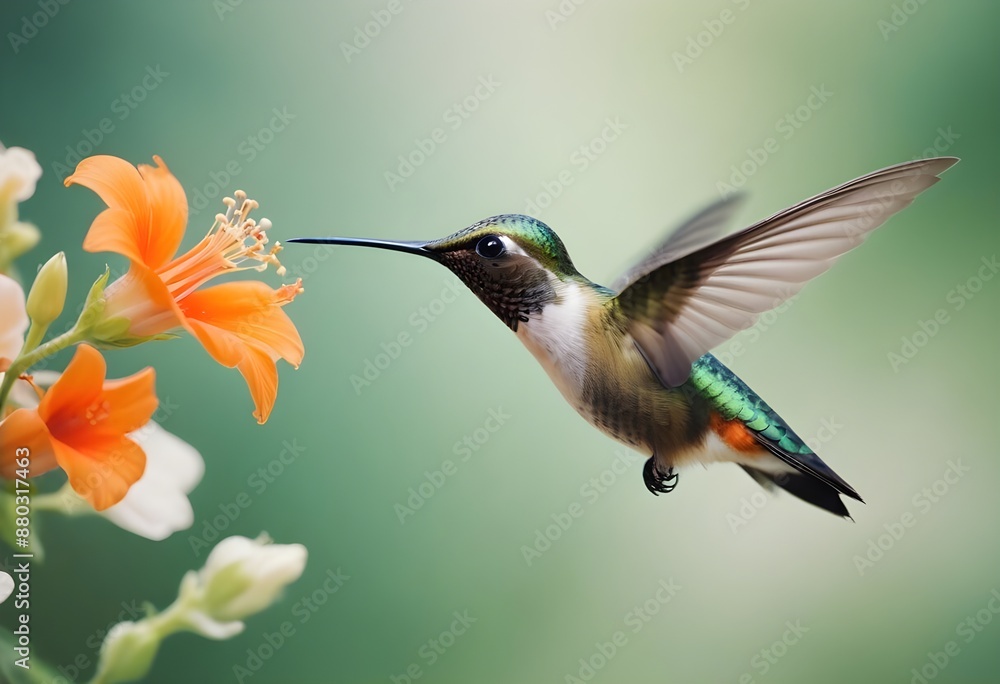 Fototapeta premium A beautiful, delicate, small bird flying near flowers on a light, pastel background