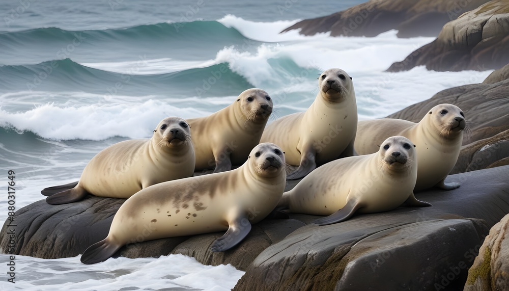 Fototapeta premium A herd of seals lying on the stones by the seashore. Macro photography of animals