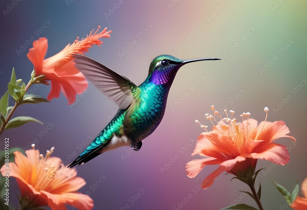 Fototapeta premium Beautiful close-up hummingbird flying near tiny flowers on a pastel smooth background