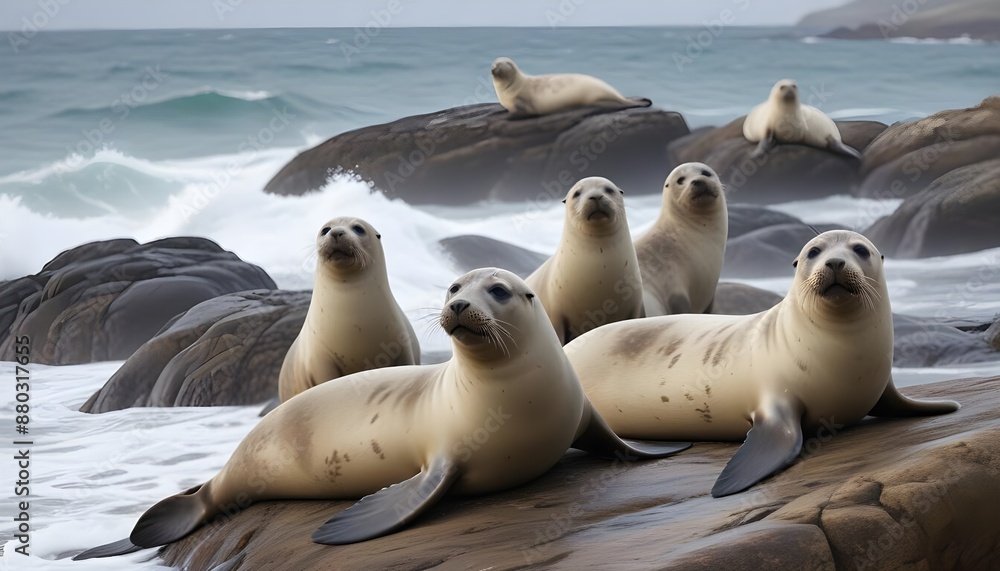 Fototapeta premium A herd of seals lying on the stones by the seashore. Macro photography of animals
