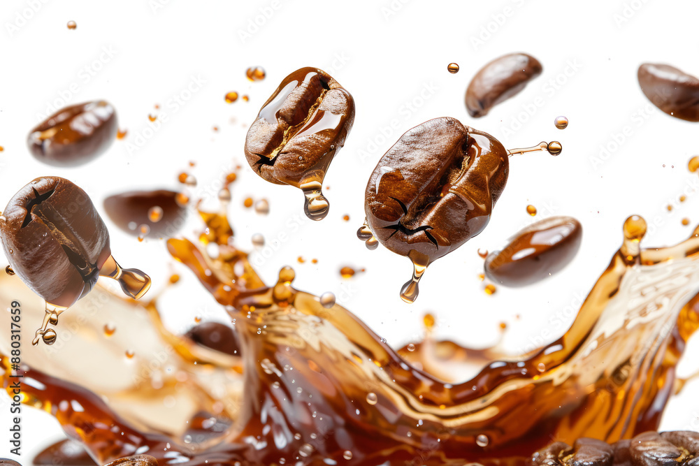 coffee splash with flying beans, capturing the energy on a white backdrop. coffee splash with flying beans, capturing the energy on a white backdrop.