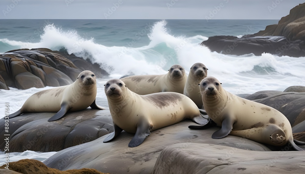 Naklejka premium A herd of seals lying on the stones by the seashore. Macro photography of animals