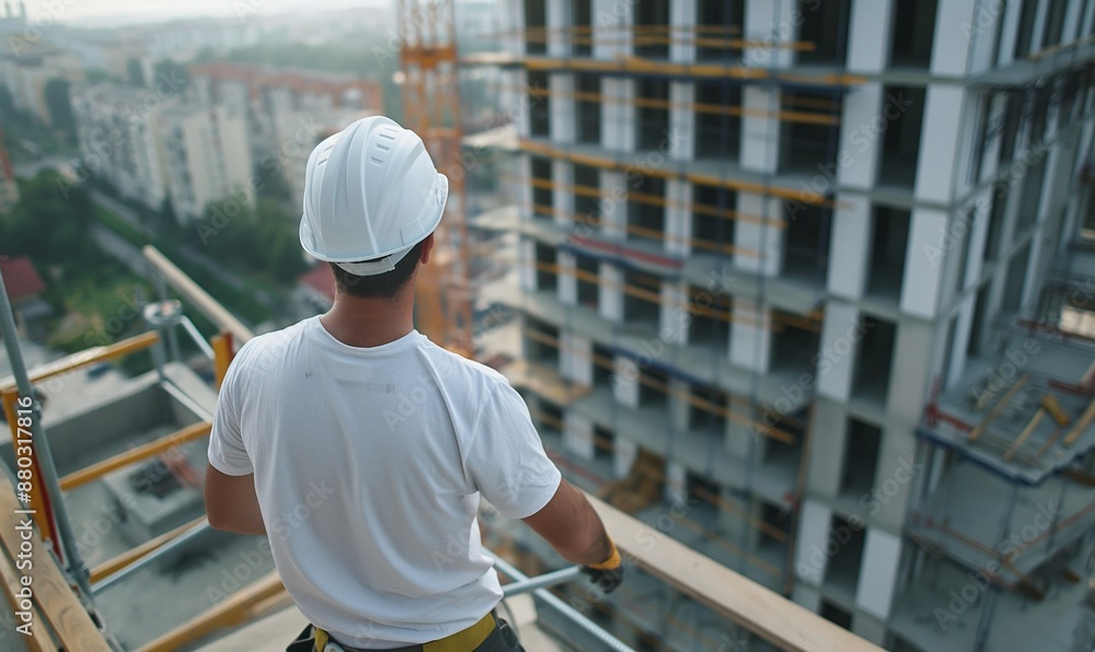 A male builder on the background of an object under construction. Construction works. Workplace. A construction site. The man in the helmet A male builder on the background of an object under construction. Construction works. Workplace. A construction site. The man in the helmet