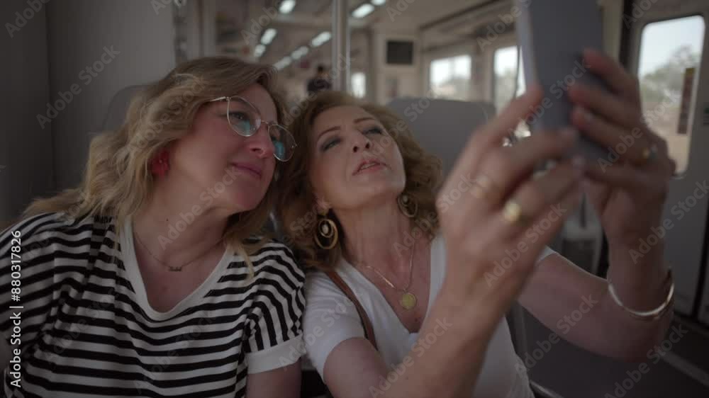 Middle-aged and senior women capturing a selfie while enjoying a train ride, creating memories together. Middle-Aged and Senior Women Taking a Selfie on Train Middle-aged and senior women capturing a selfie while enjoying a train ride, creating memories together. Middle-Aged and Senior Women Taking a Selfie on Train