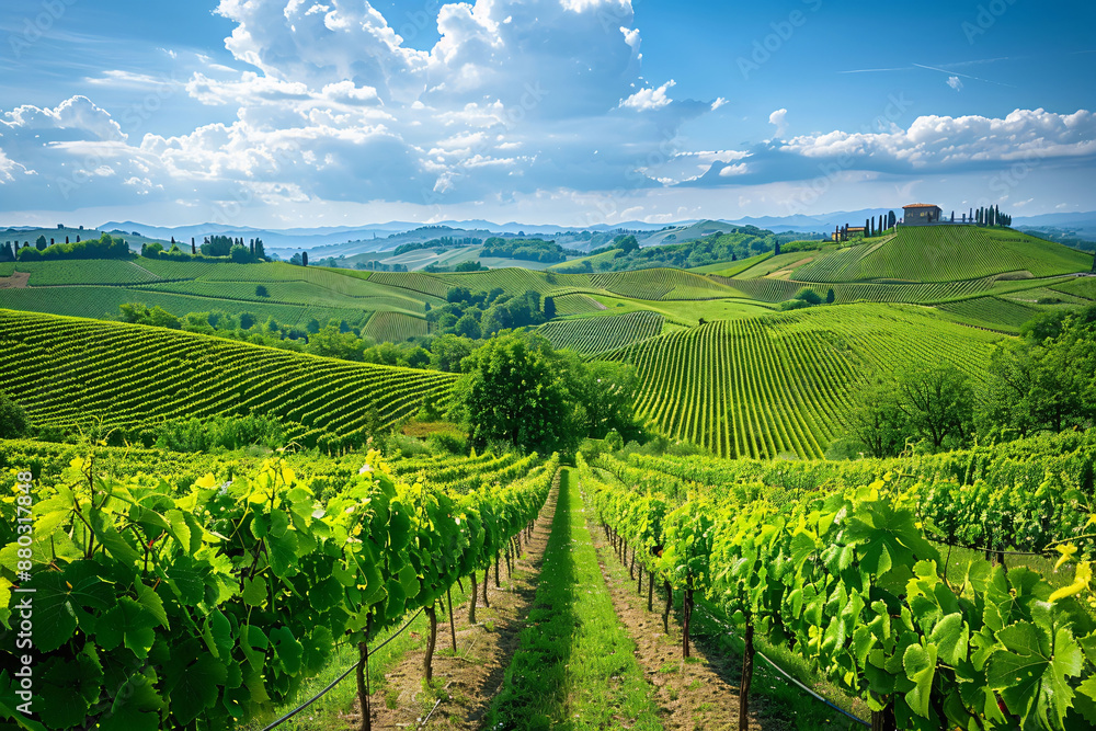 Green vineyard nestled in the countryside of Italy, with rolling hills, lush grapevines, and a clear blue sky. Green vineyard nestled in the countryside of Italy, with rolling hills, lush grapevines, and a clear blue sky.