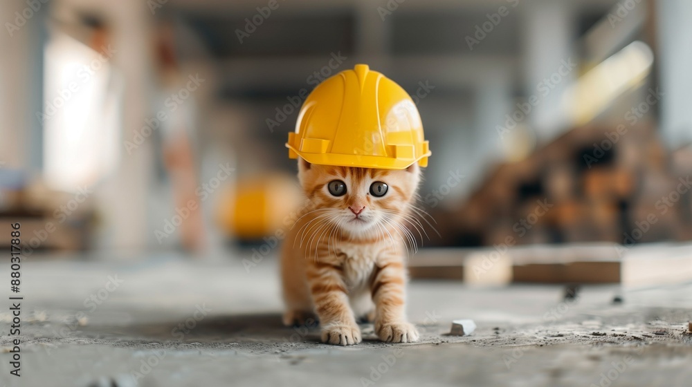The builder is a cat on the background of an object under construction. Construction works. Workplace. A construction site. The man in the helmet The builder is a cat on the background of an object under construction. Construction works. Workplace. A construction site. The man in the helmet