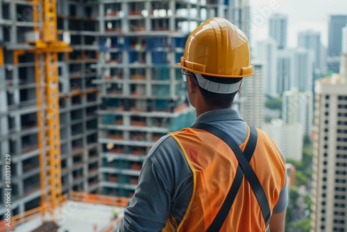 A male builder on the background of an object under construction. Construction works. Workplace. A construction site. The man in the helmet
