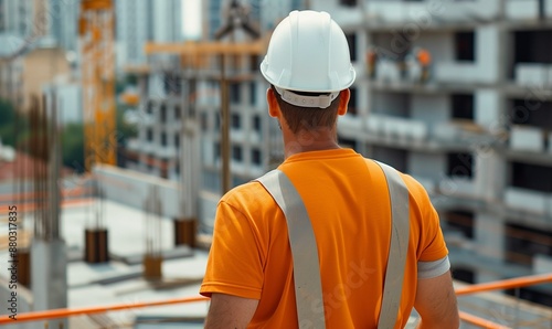 A male builder on the background of an object under construction. Construction works. Workplace. A construction site. The man in the helmet