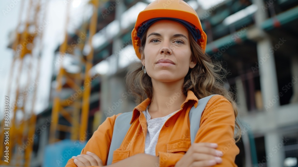 A woman builder on the background of an object under construction. Construction works. Workplace. A construction site. The woman in the helmet A woman builder on the background of an object under construction. Construction works. Workplace. A construction site. The woman in the helmet