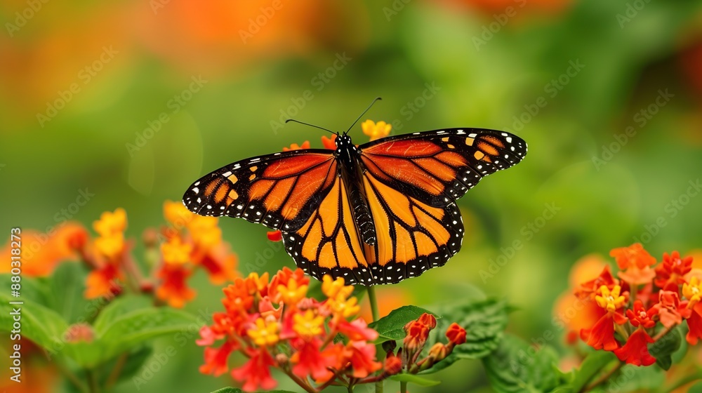 Monarch butterfly rests on a lantana flower in a field with soft blurred greenery in the background Monarch butterfly rests on a lantana flower in a field with soft blurred greenery in the background