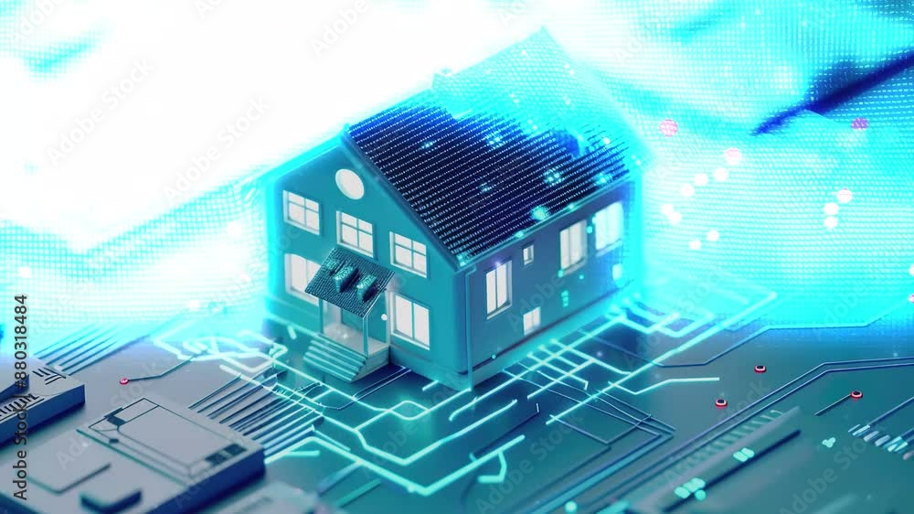 3d miniature house with technological theme background. highlighted blue line surrounded the house. business and investment needs 3d miniature house with technological theme background. highlighted blue line surrounded the house. business and investment needs