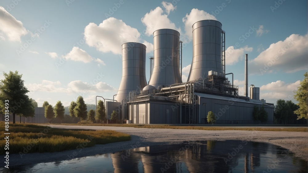 A rendering of a biomass power plant with boiling tanks and hovering turbines A rendering of a biomass power plant with boiling tanks and hovering turbines