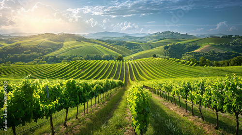 Wallpaper Mural Green vineyard nestled in the countryside of Italy, with rolling hills, lush grapevines, and a clear blue sky. Torontodigital.ca