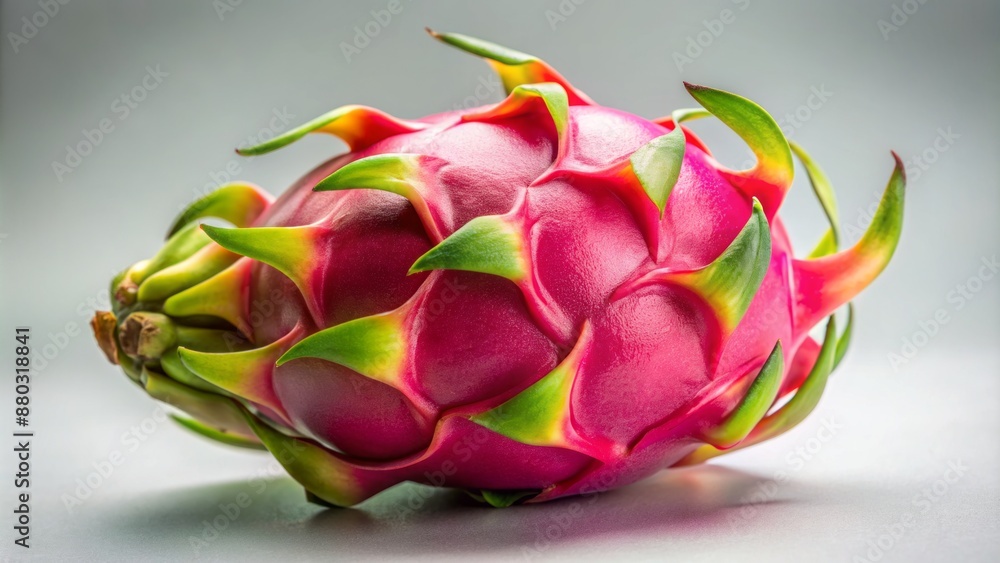 Vibrant pink dragon fruit with green-tipped scales sits isolated on a neutral background, showcasing its exotic and unique beauty. Vibrant pink dragon fruit with green-tipped scales sits isolated on a neutral background, showcasing its exotic and unique beauty.