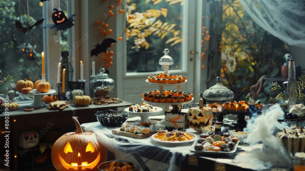 Daytime Halloween party scene with natural light highlighting a table decorated with Halloween treats. Daytime Halloween party scene with natural light highlighting a table decorated with Halloween treats.