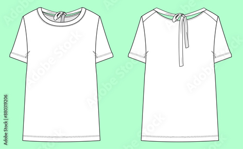 ladies nightwear back tie details short sleeve black and white t-shirt for sleepwear fashion illustration flat sketch vector.